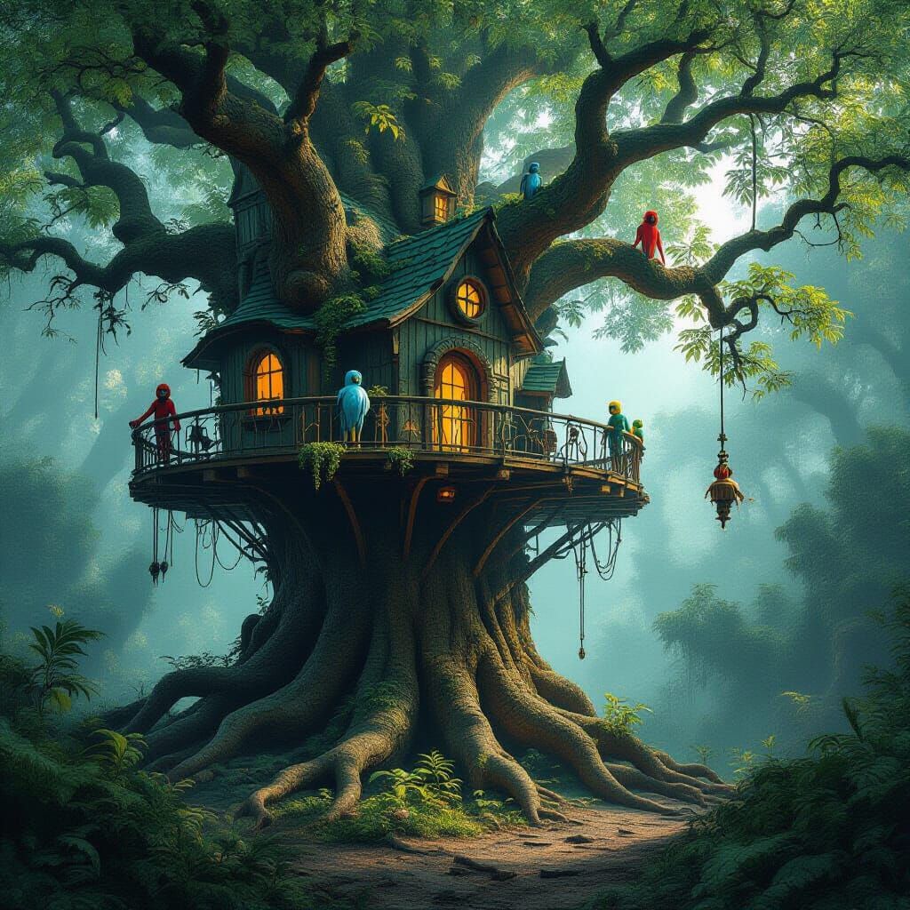 Majestic Treehouse in Ancient Forest with Industrial Roots