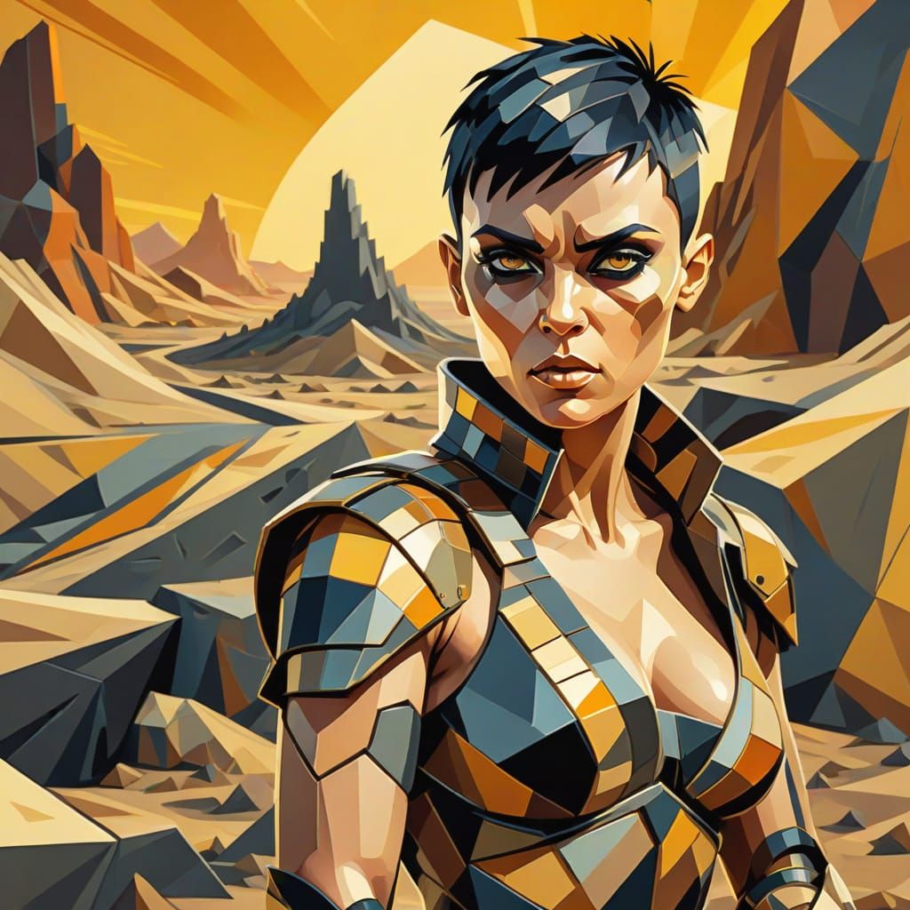 Abstract Cubism Portrait of Furiosa in Golden Light