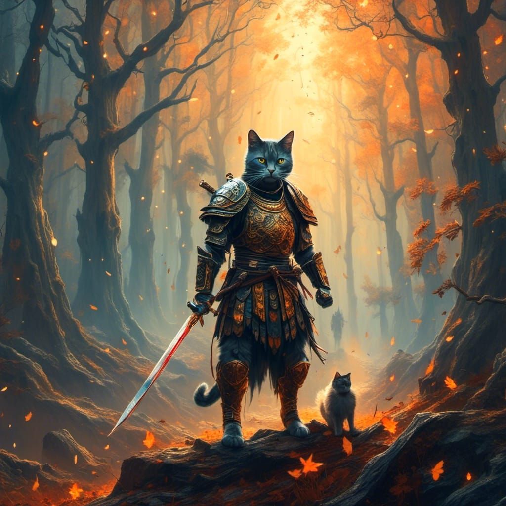 Cat Warrior in Samurai Armor in Misty Forest