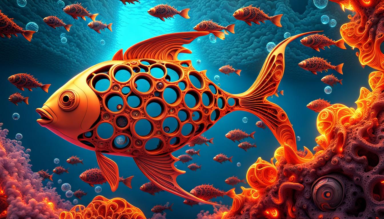 Clockwork Goldfish Swimming Through Lava Lamp Sea