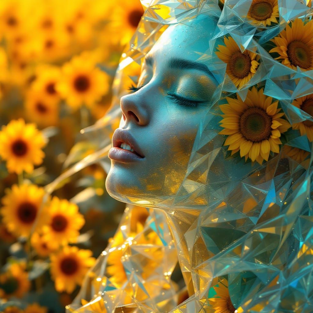 Surreal Sea Glass Woman with Sunflowers Sculpture