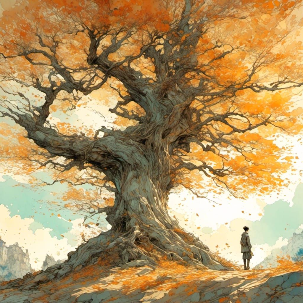 Contemplative Figure Beneath Ancient Tree