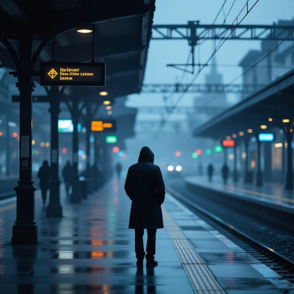 Gloomy Evening Train Station Amidst Rain and Blurred Lights