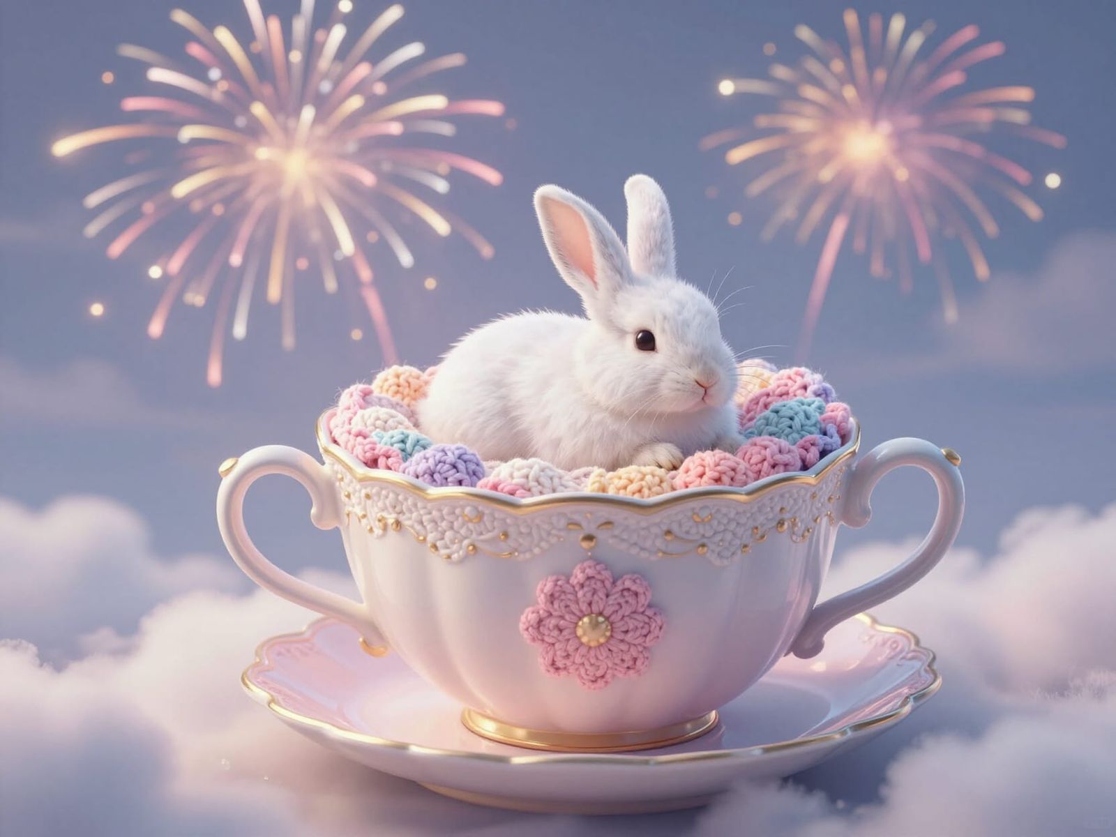 Rabbit in Teacup with Pastel Fireworks