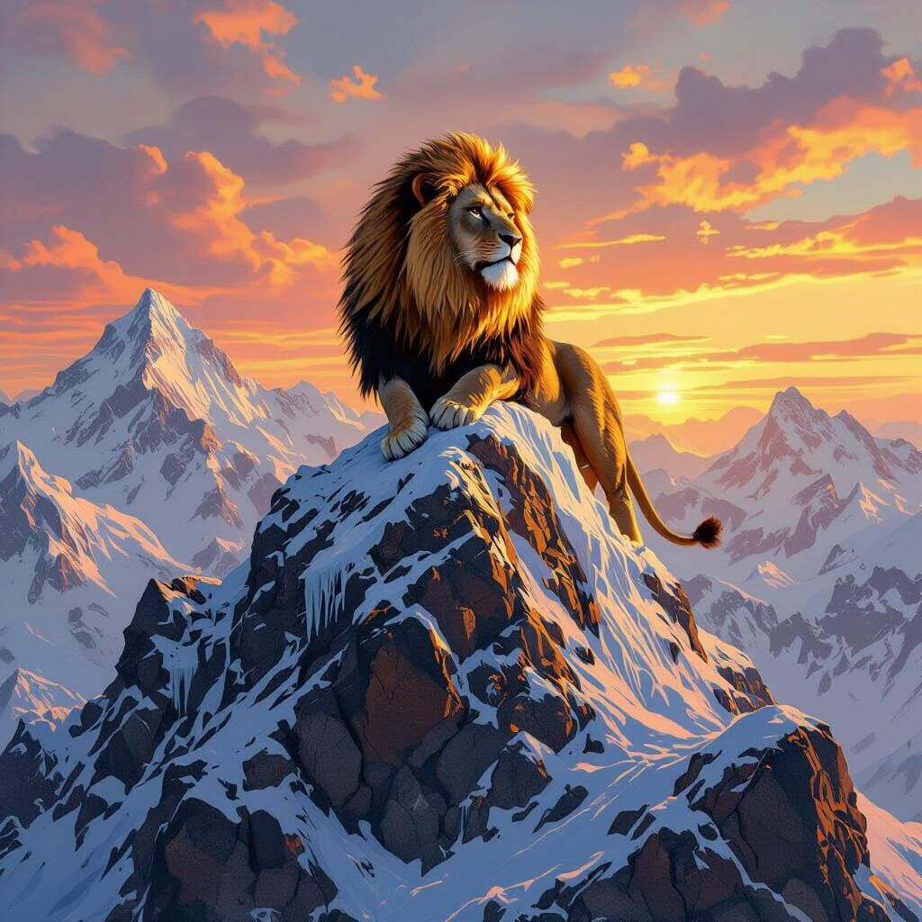 Lion on Snowy Peak in Surrealist Style