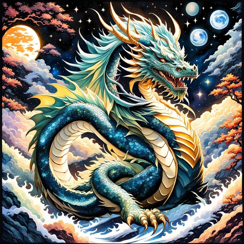 Otherworldly Dragon Among Giant Crystals as Gouache Painting