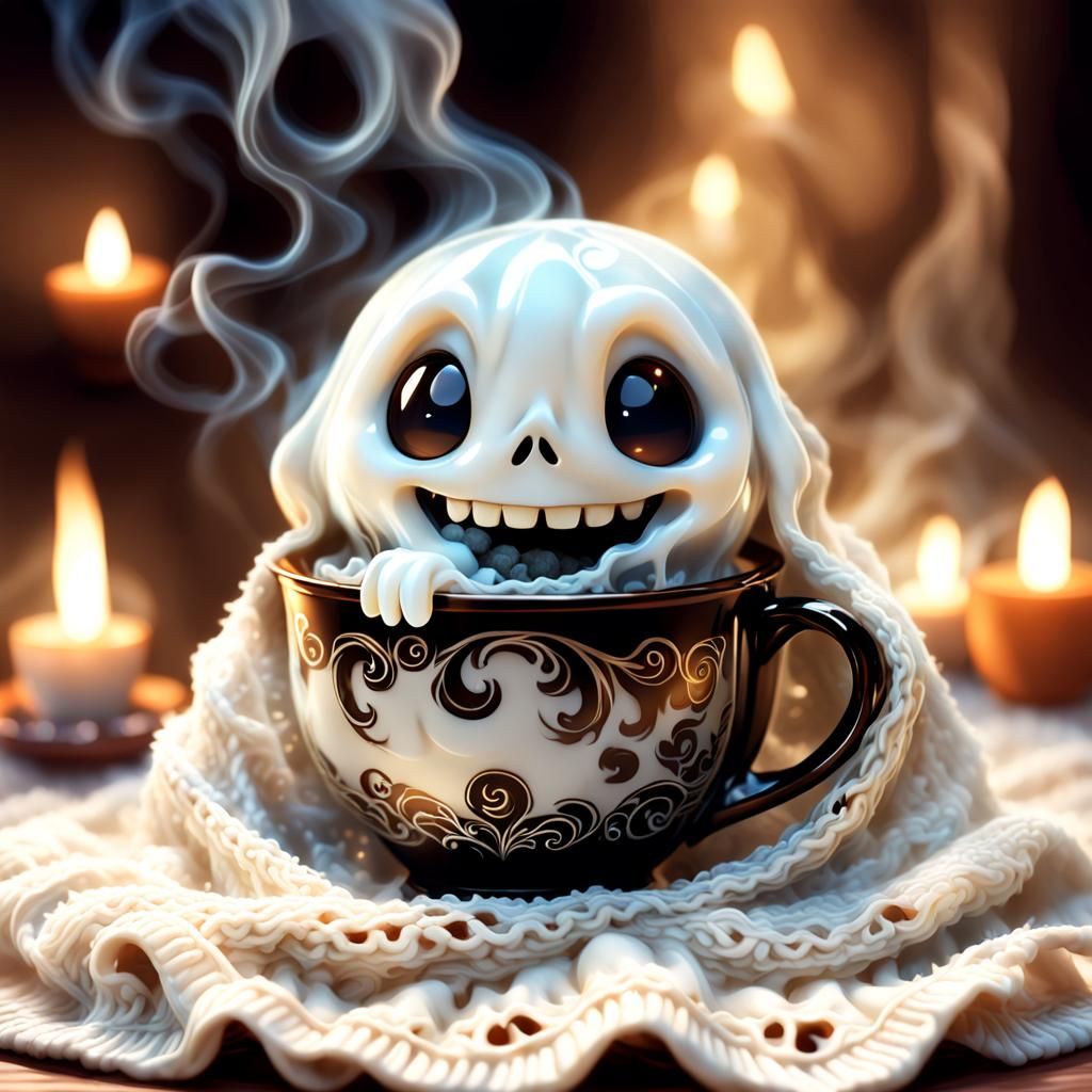 A translucent miniature scary smokey spooky cute ghost