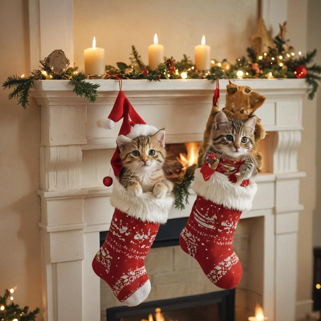 Whimsical Digital Illustration of Kittens in Christmas Stock...