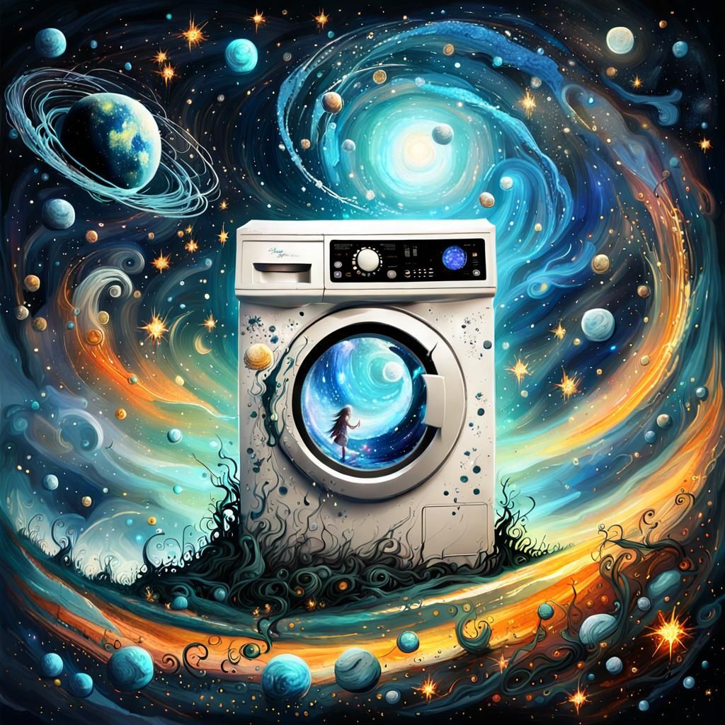 Washing Machine Soaring Through Space in Impasto Style