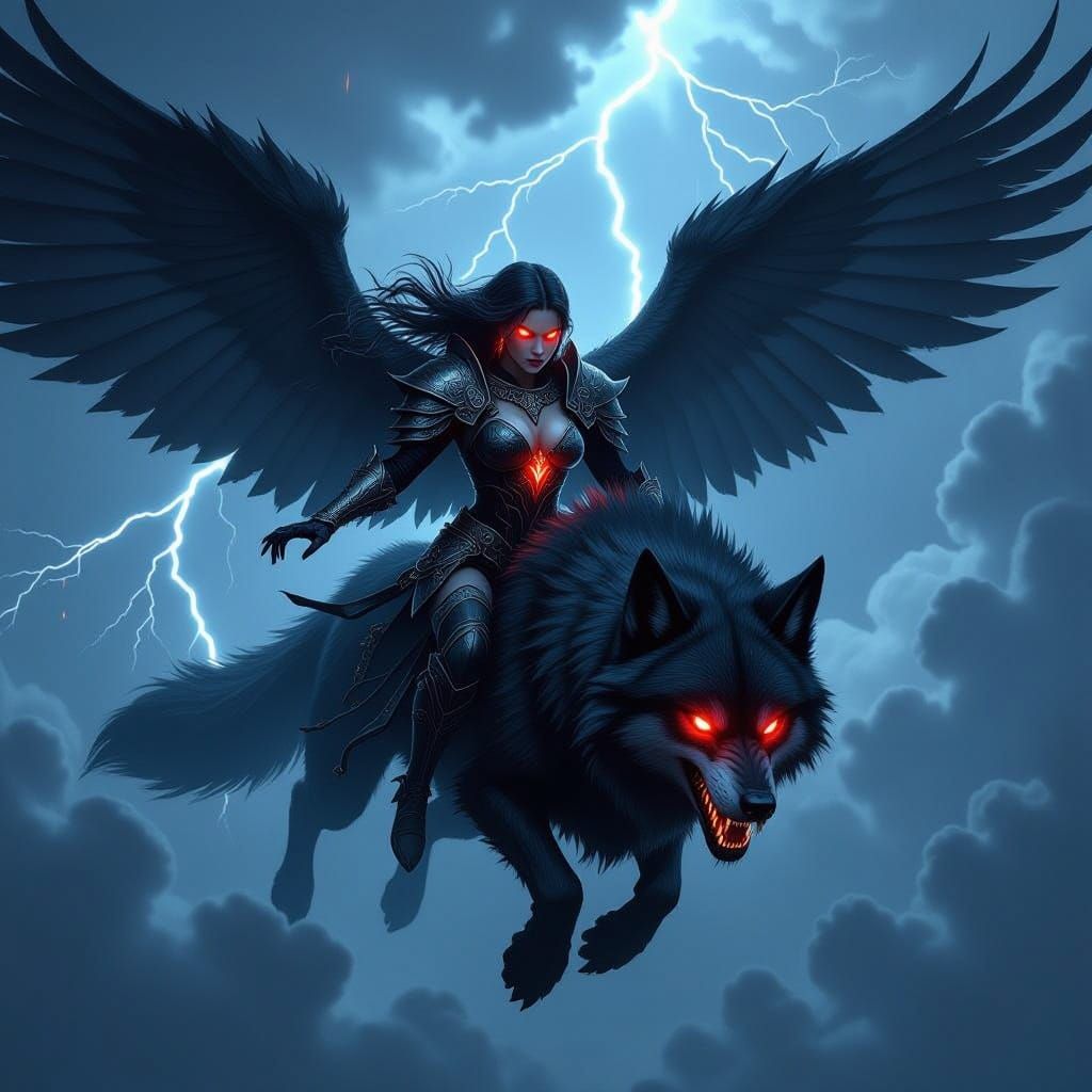 Dark Fantasy Valkyrie Soars on Winged Wolf Through Stormy Sk...