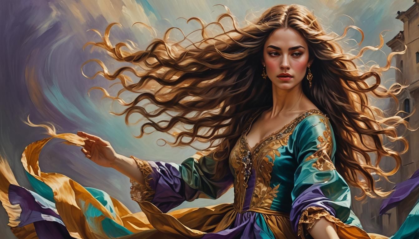 Baroque Oil Painting: Girl Dancing in Wind