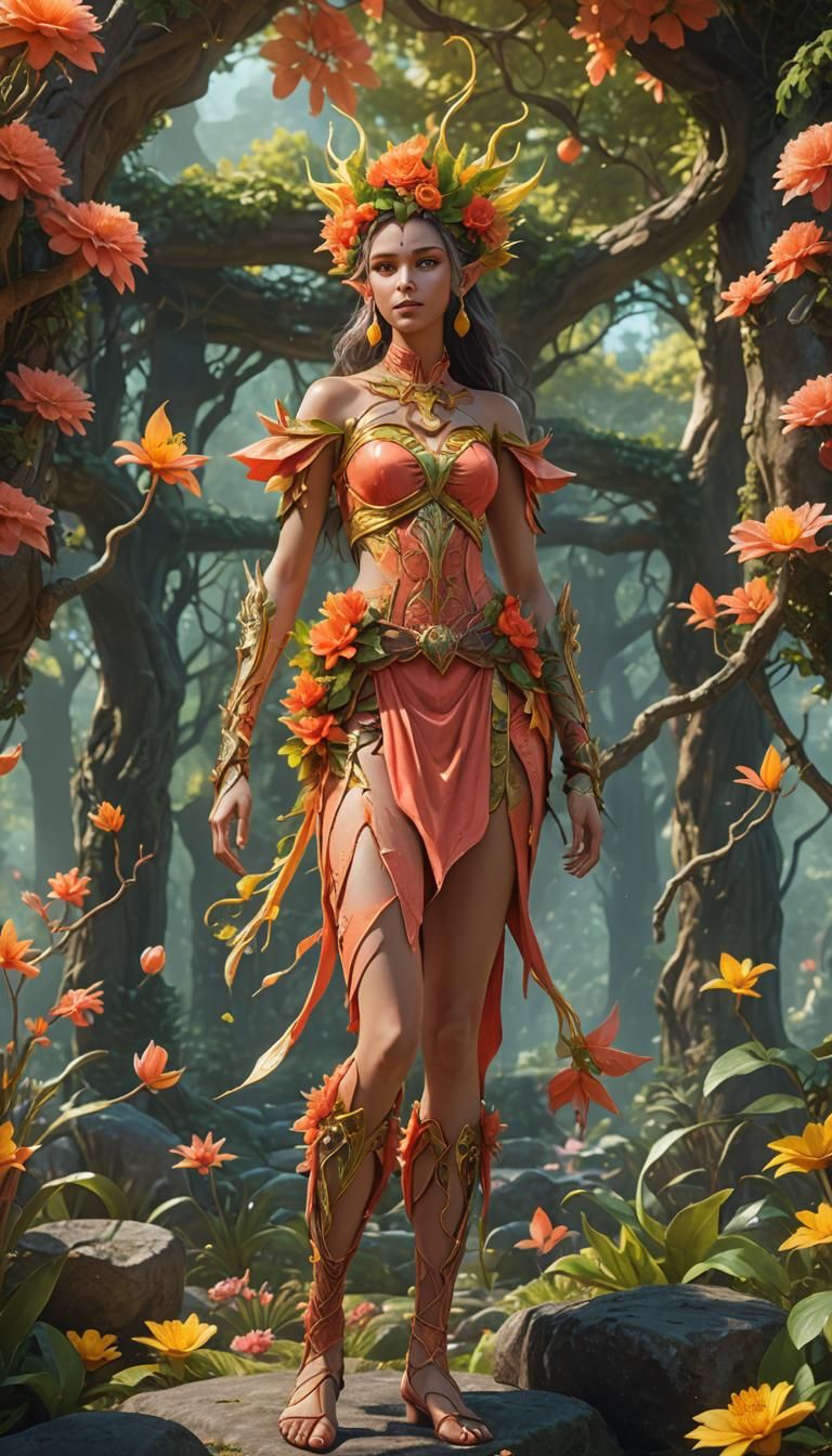 Summer Elf in Coral and Yellow: Fantasy Art