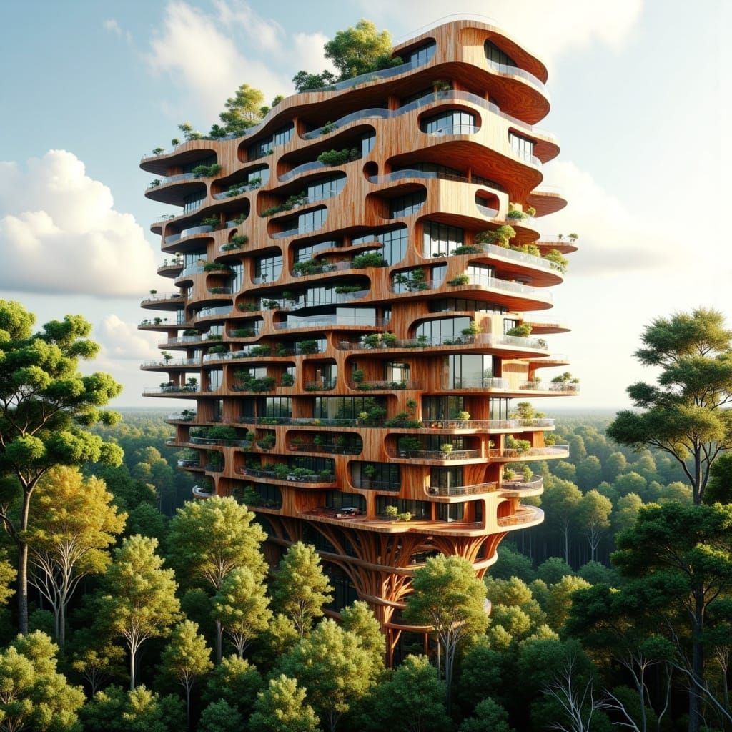 Eco-Friendly Wooden Skyscraper in Tropical Rainforest