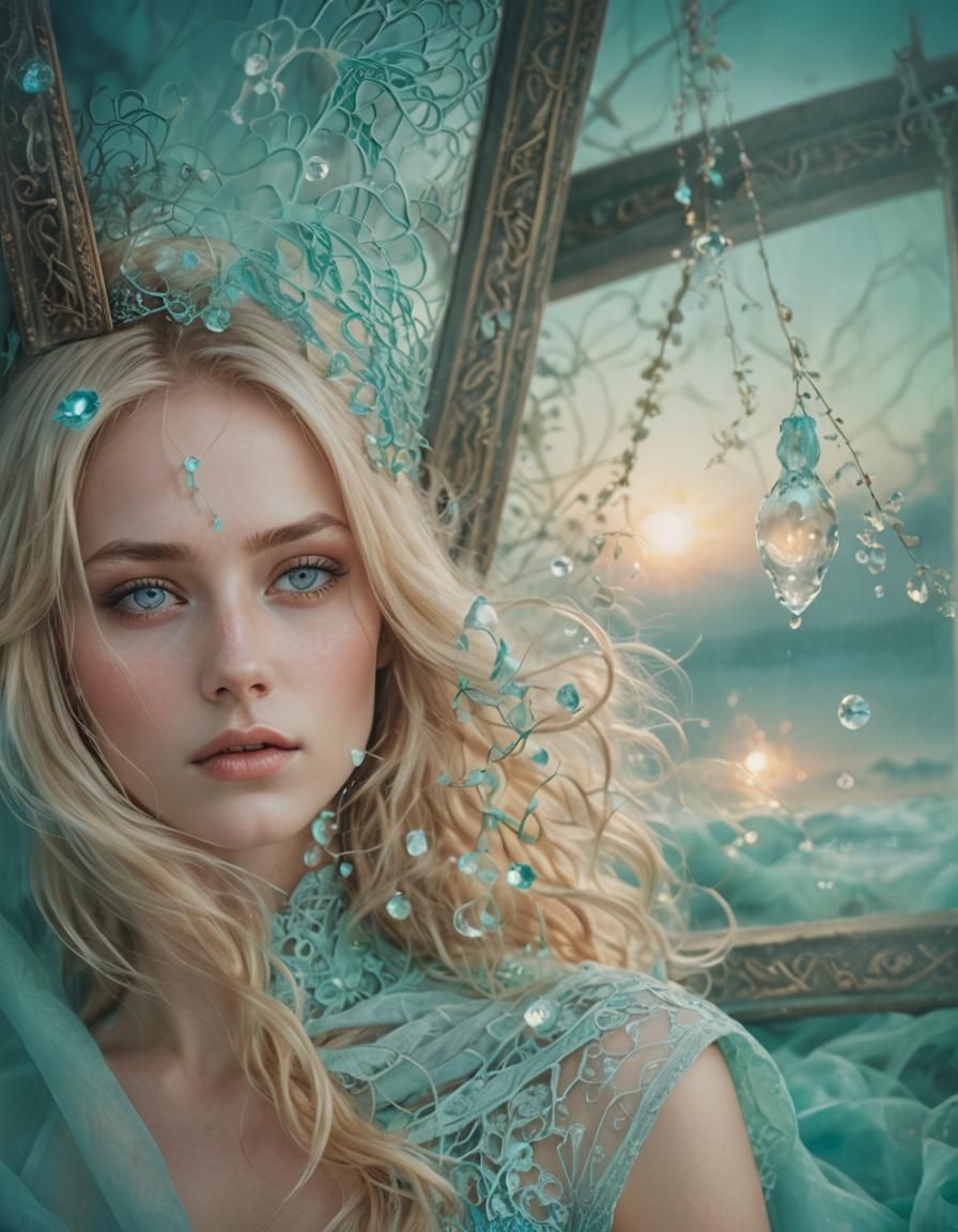 Ethereal Blonde Portrait in Aqua Haze, Art Nouveau Style