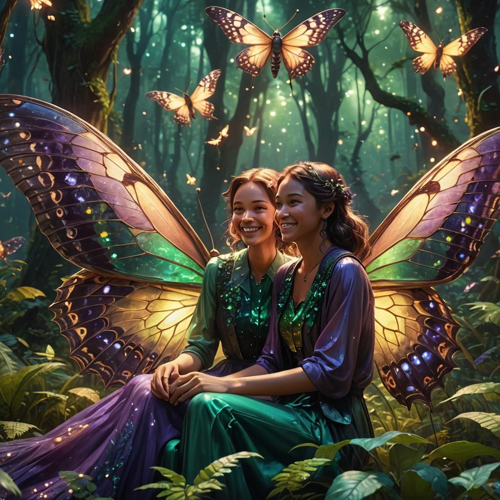 Women Ride Moth Through Lush Forest at Dusk