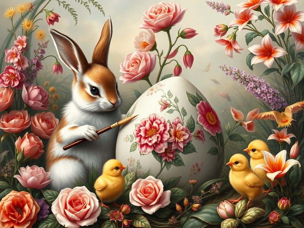 Easter Bunnies Painting Eggs in Whimsical Fairy Tale