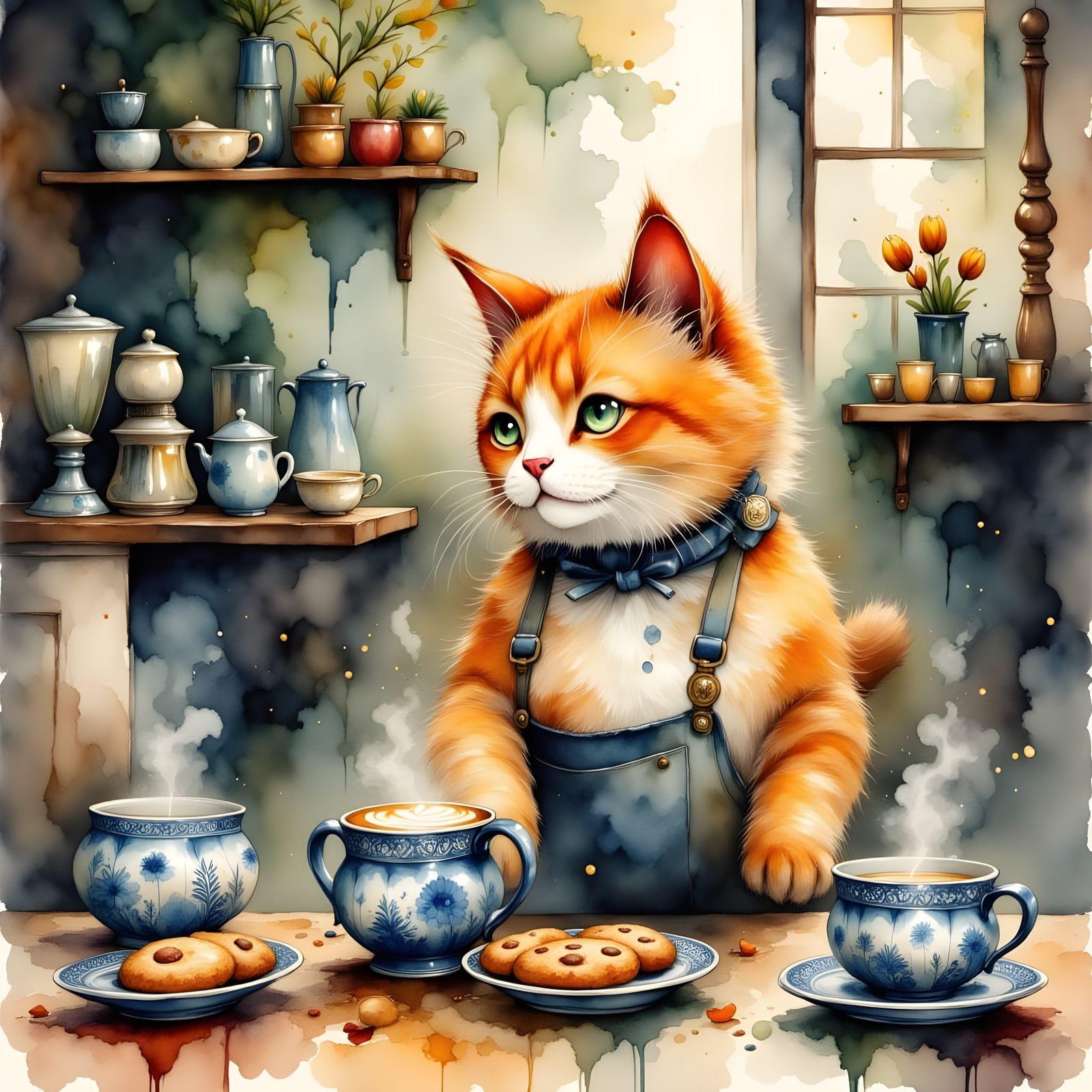 Orange Cat Serves Lattes: Watercolor Ink Painting