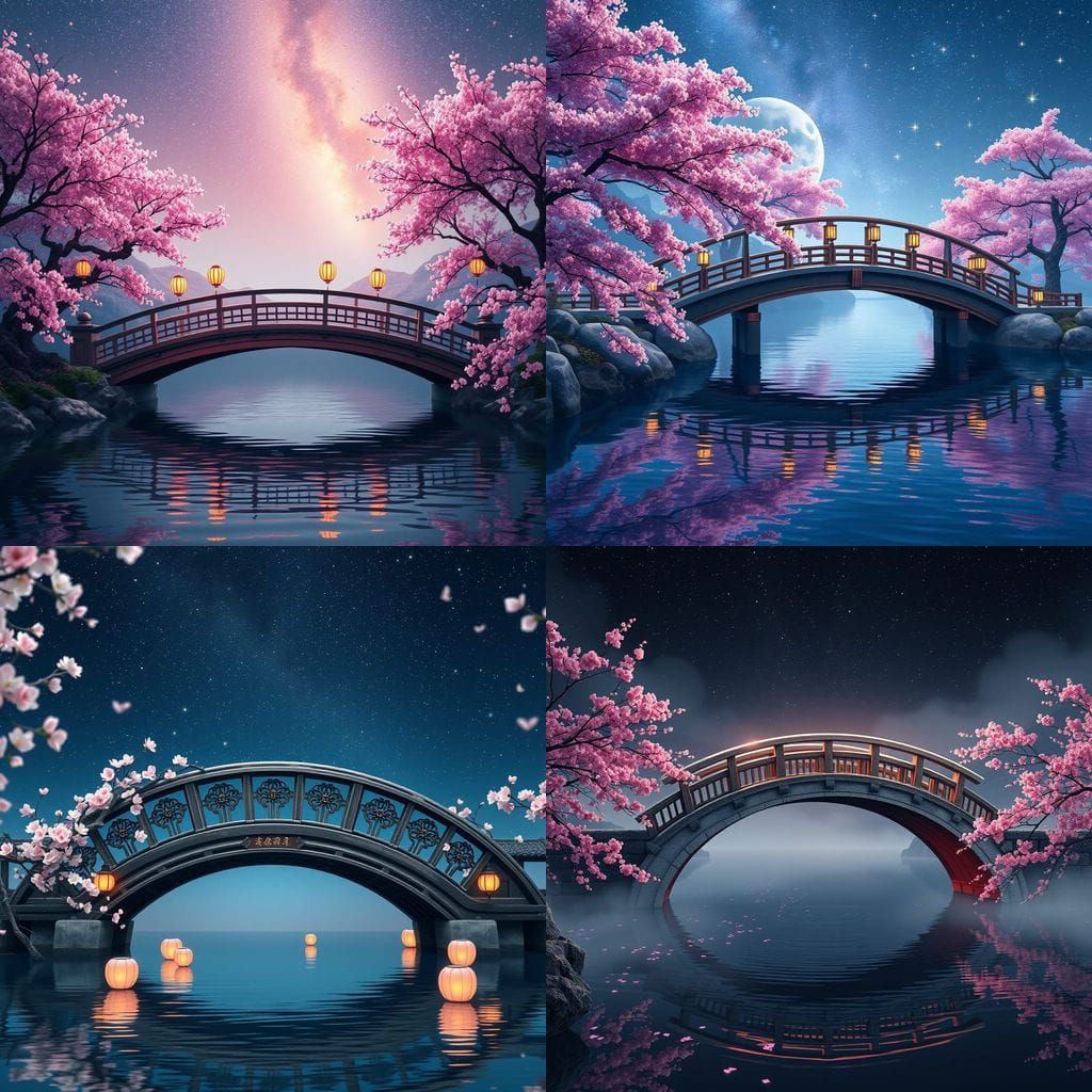 Dreamy Cherry Blossom Bridge at Night in Vibrant Watercolor ...