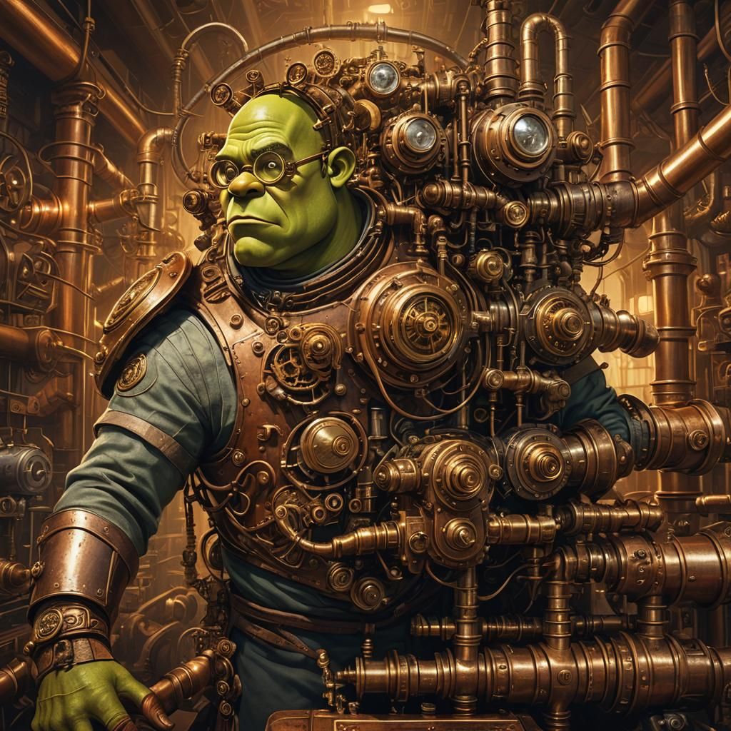 Shrek as Steampunk Engineer in Golden Light
