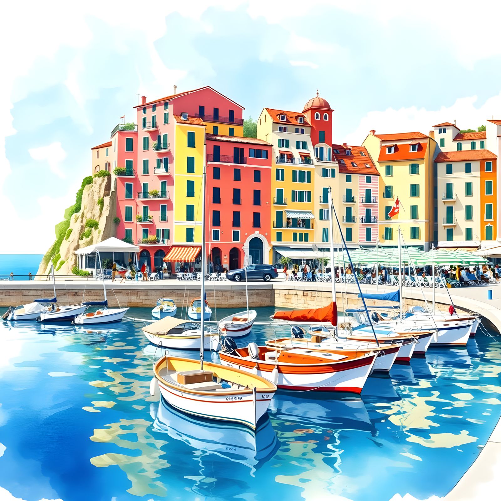 Camogli Harbour, Italy, in Sunlit Watercolour Style