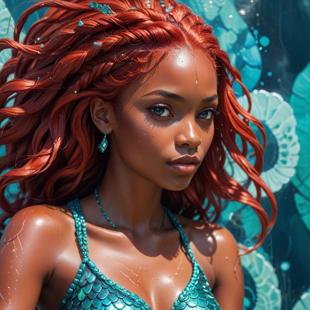 Nubian Mermaid with Red Hair in Graffiti Style