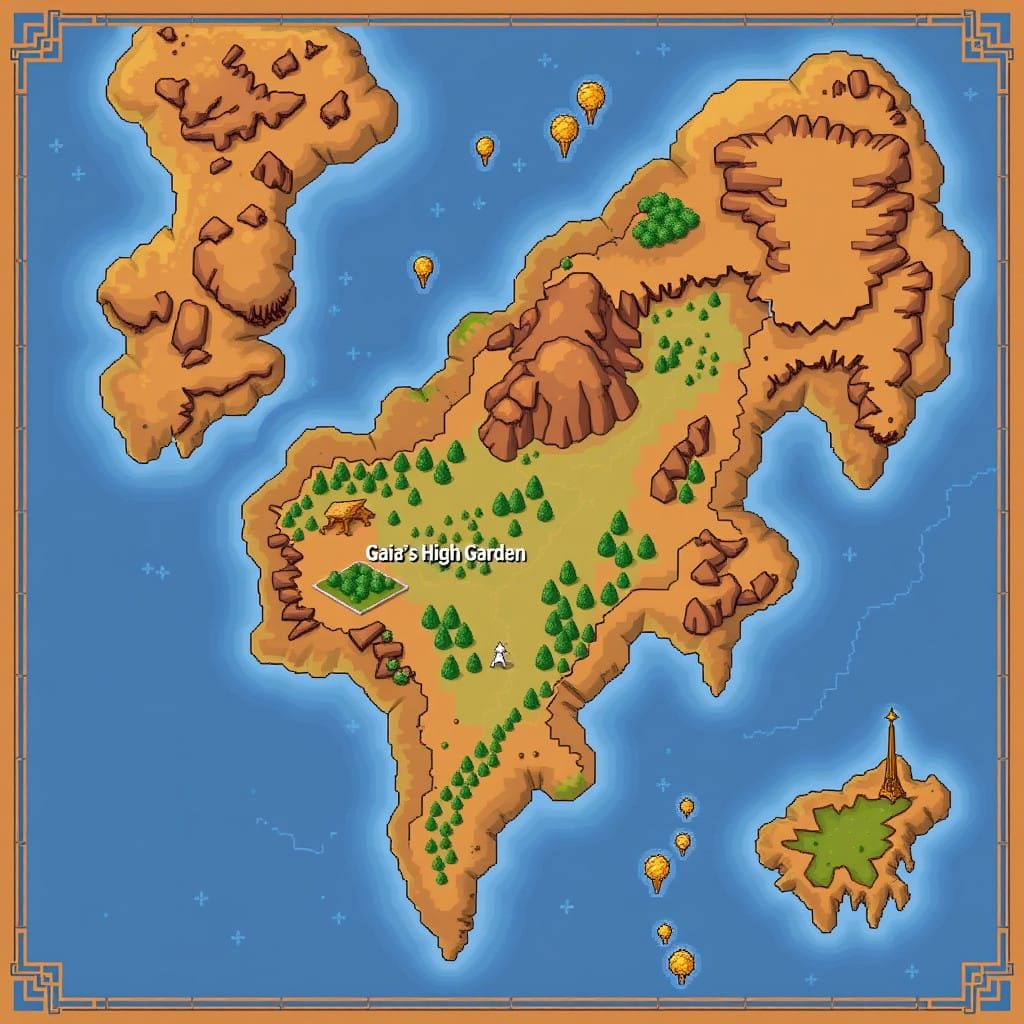 Retro-Futuristic 8bit Map of Gaia's High Garden