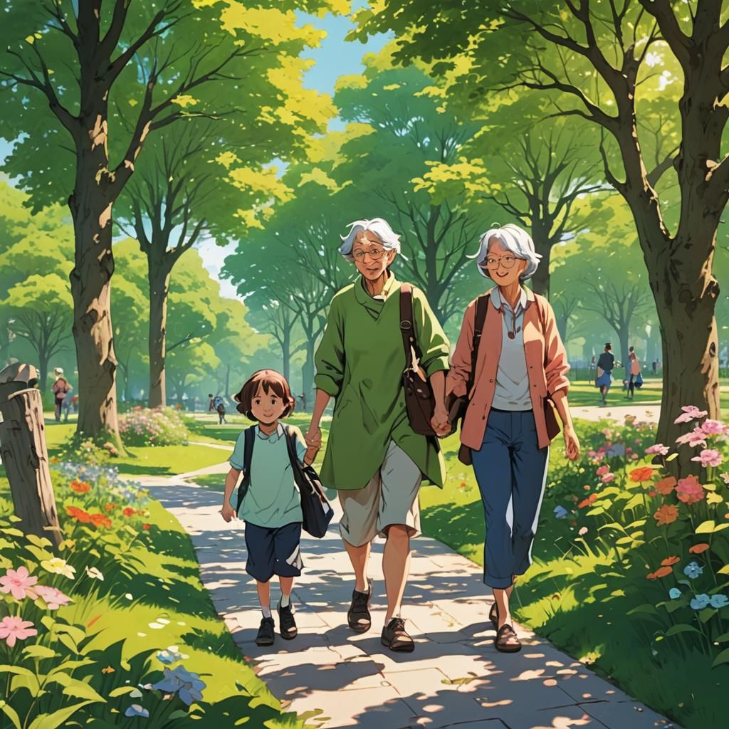 Grandmother and Grandchildren in Sunny Anime Park