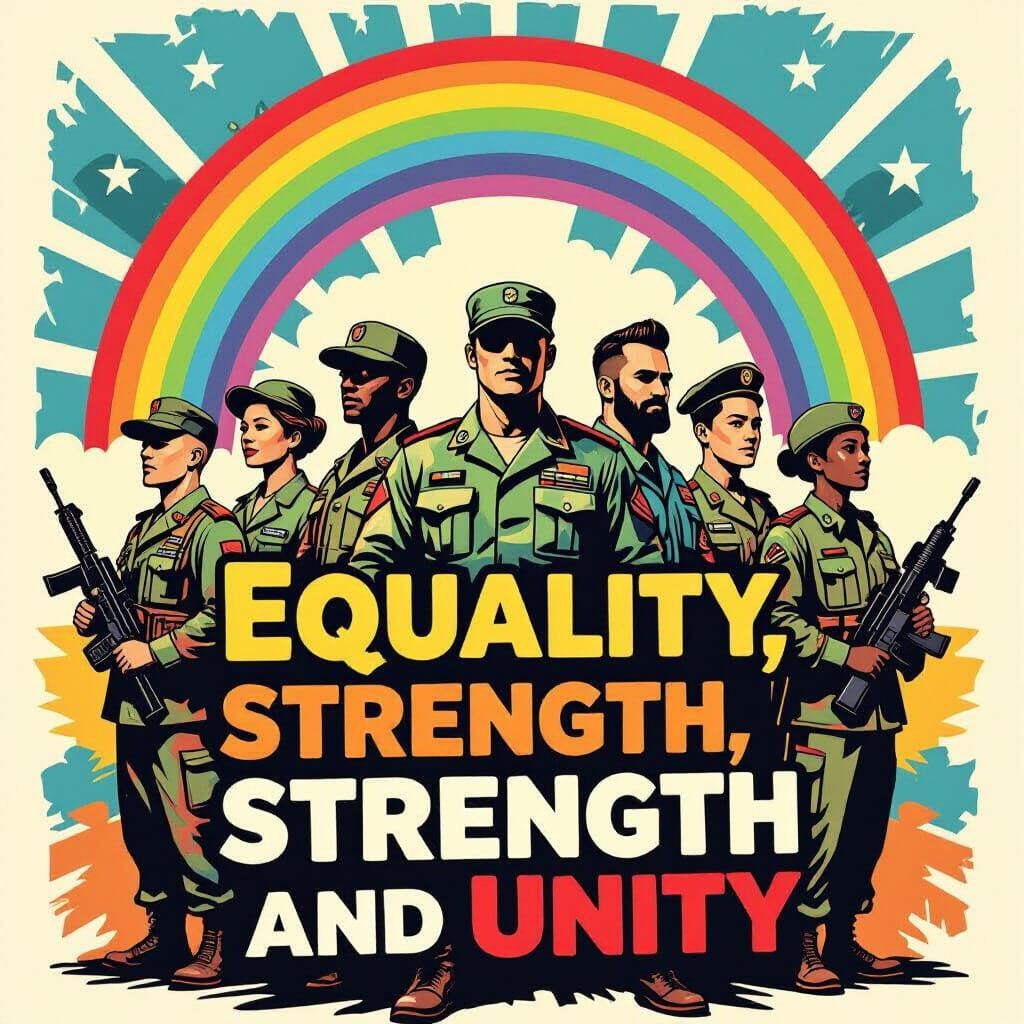 Vibrant Army Poster of Diverse Soldiers with Rainbow