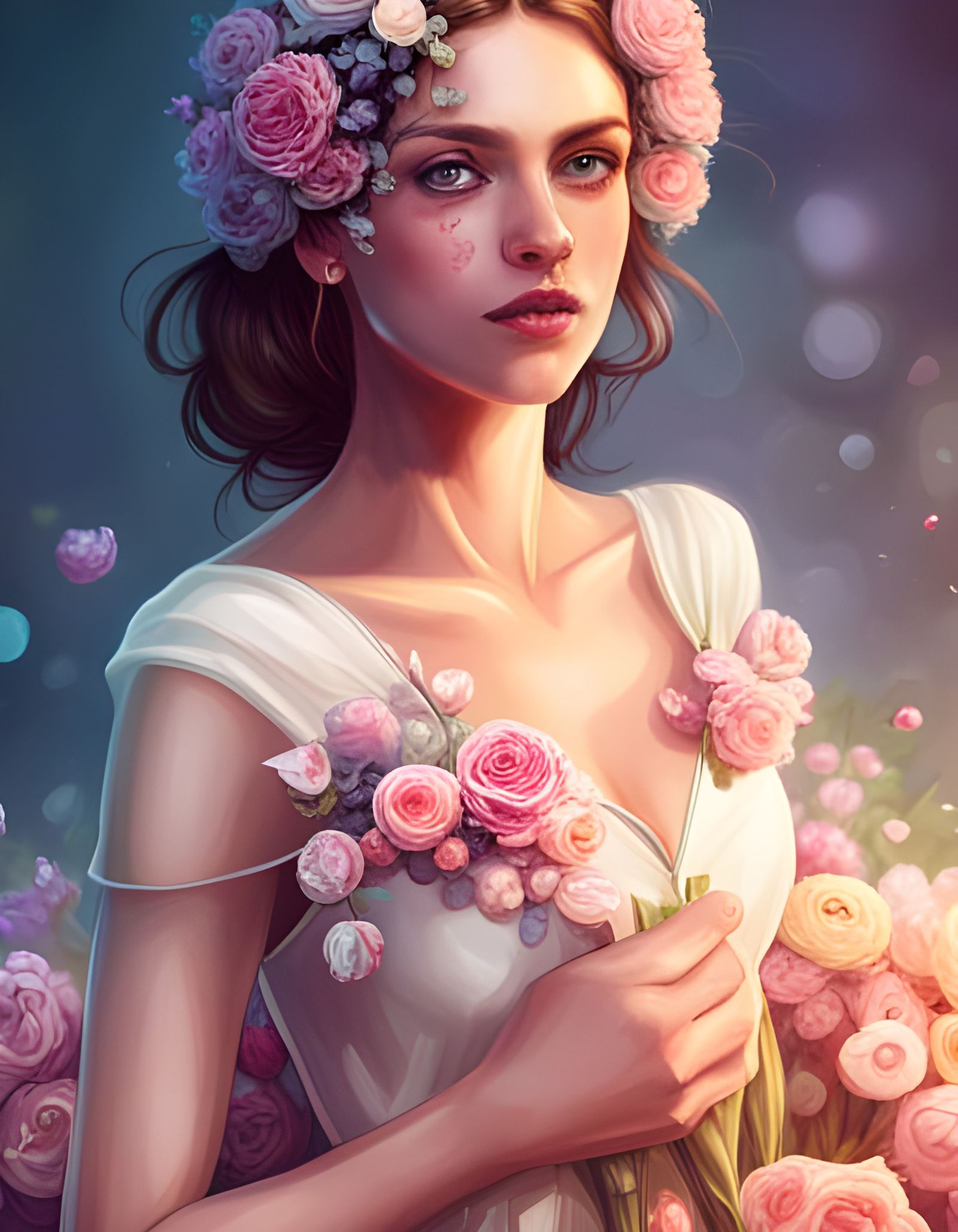 Bride in Floral Dress: Hyperdetailed Concept Art
