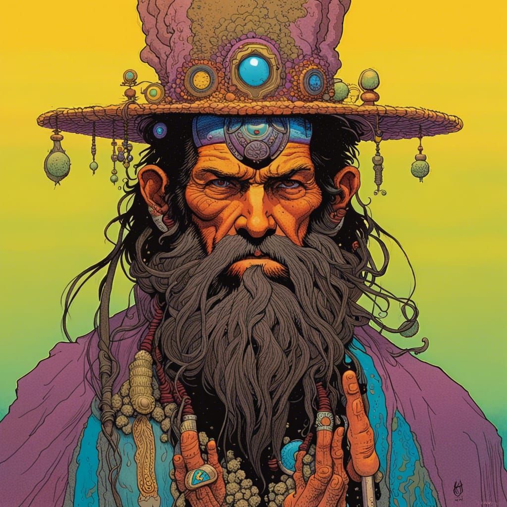 Punk Rock Shaman Portrait in Ligne Claire Style