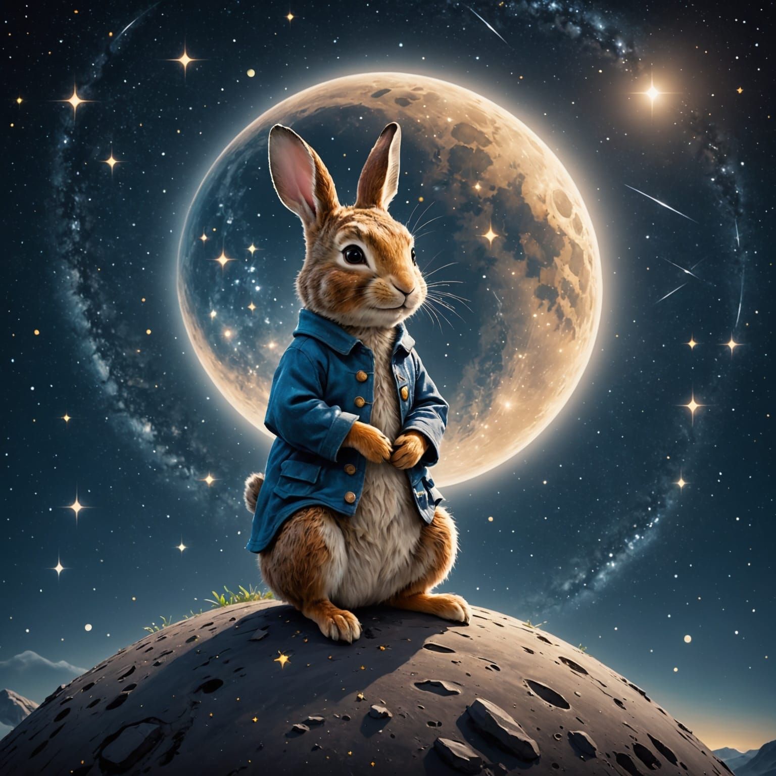 Whimsical Rabbit on a Glowing Lunar Scene in Celestial Style