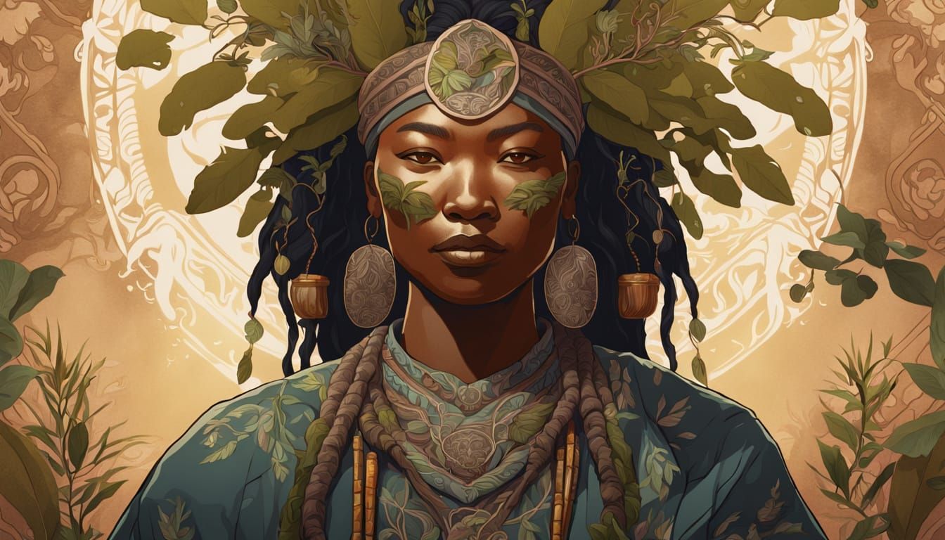 Mongolian Shaman Portrait in Earthy Art Nouveau Style