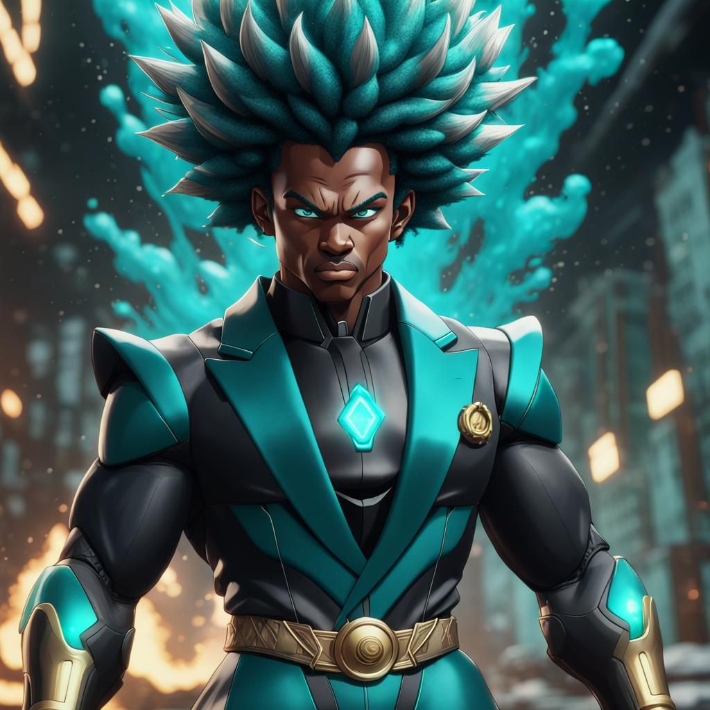 Black Super Saiyan with Teal Afro in Black Suit