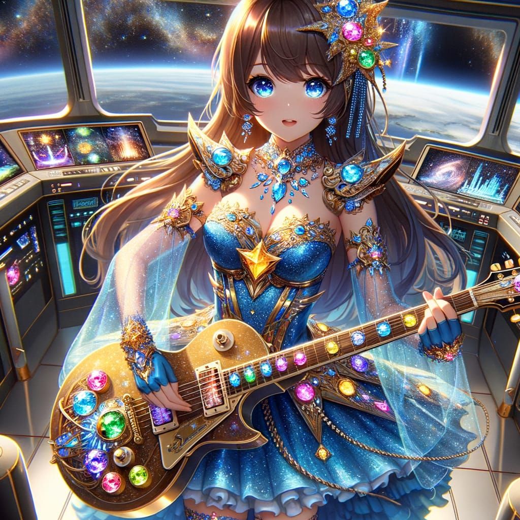 Anime Woman in Celestial Armor Playing Guitar