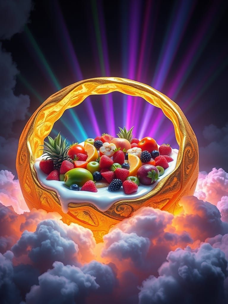 Bioluminescent Fruit Salad in a Fractal Golden Bowl