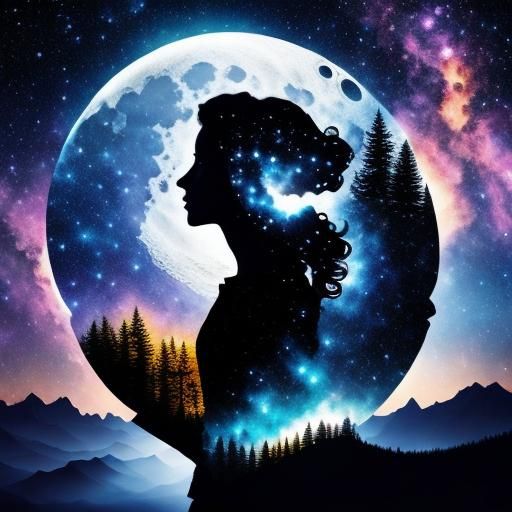 Moon Goddess Silhouette Double Exposure Art