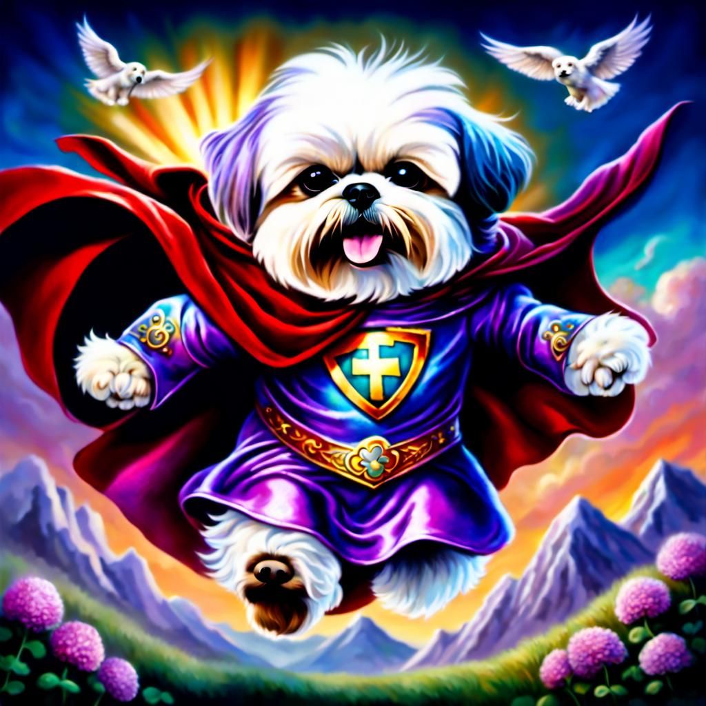 Psychedelic Superhero Bichon Shih Tzu Flying High