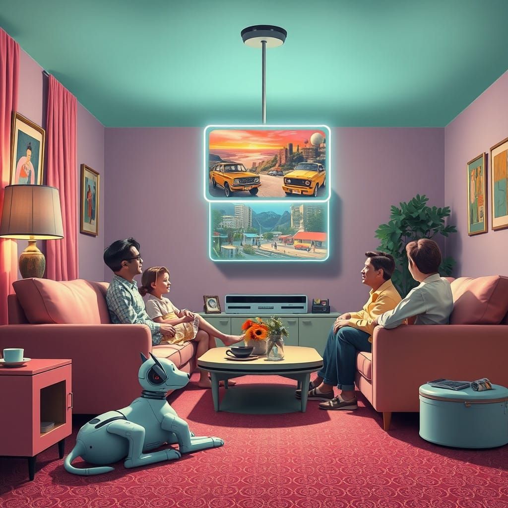 A family of four in a retro-futuristic living room