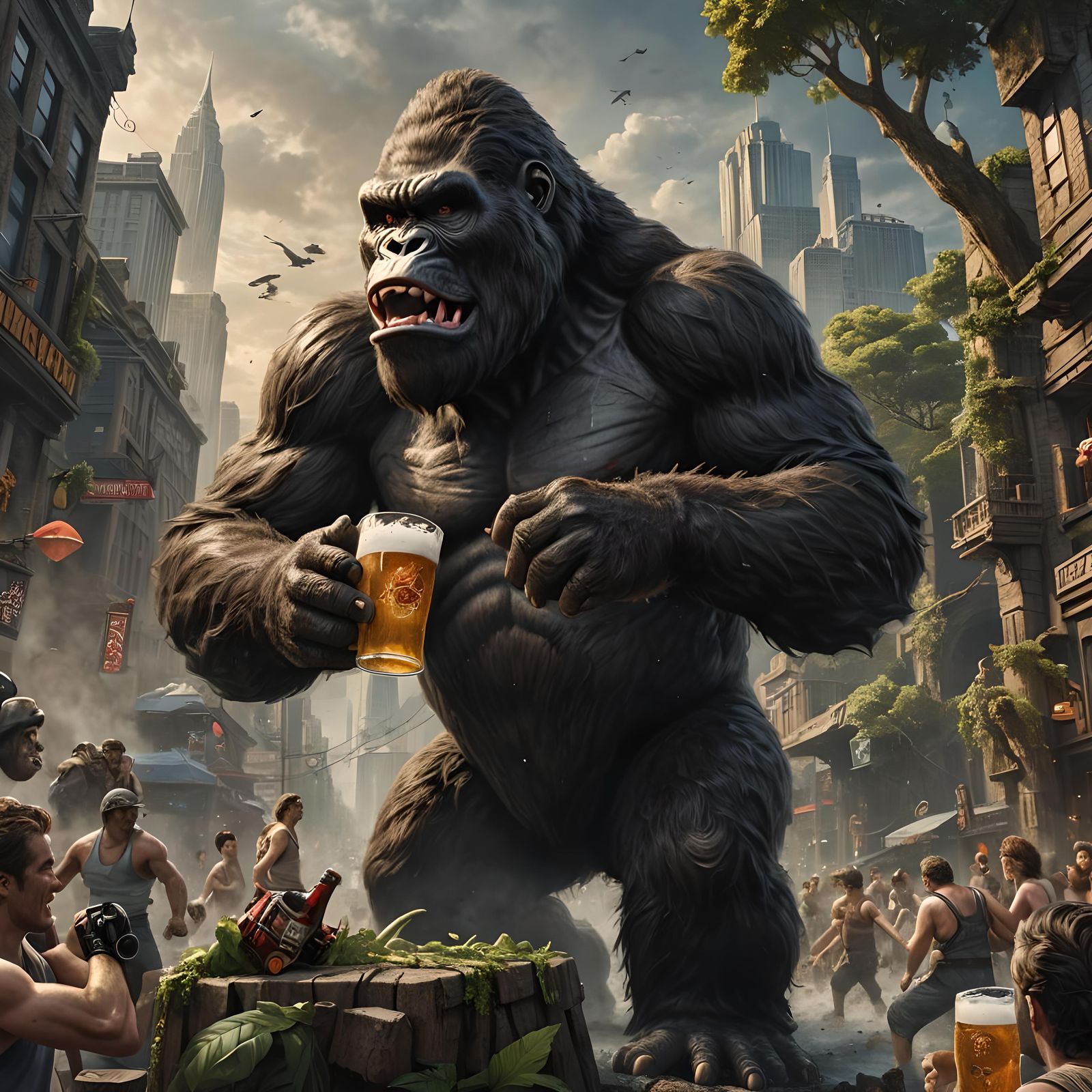 King Kong Chugging Beer: Detailed Fantasy Art