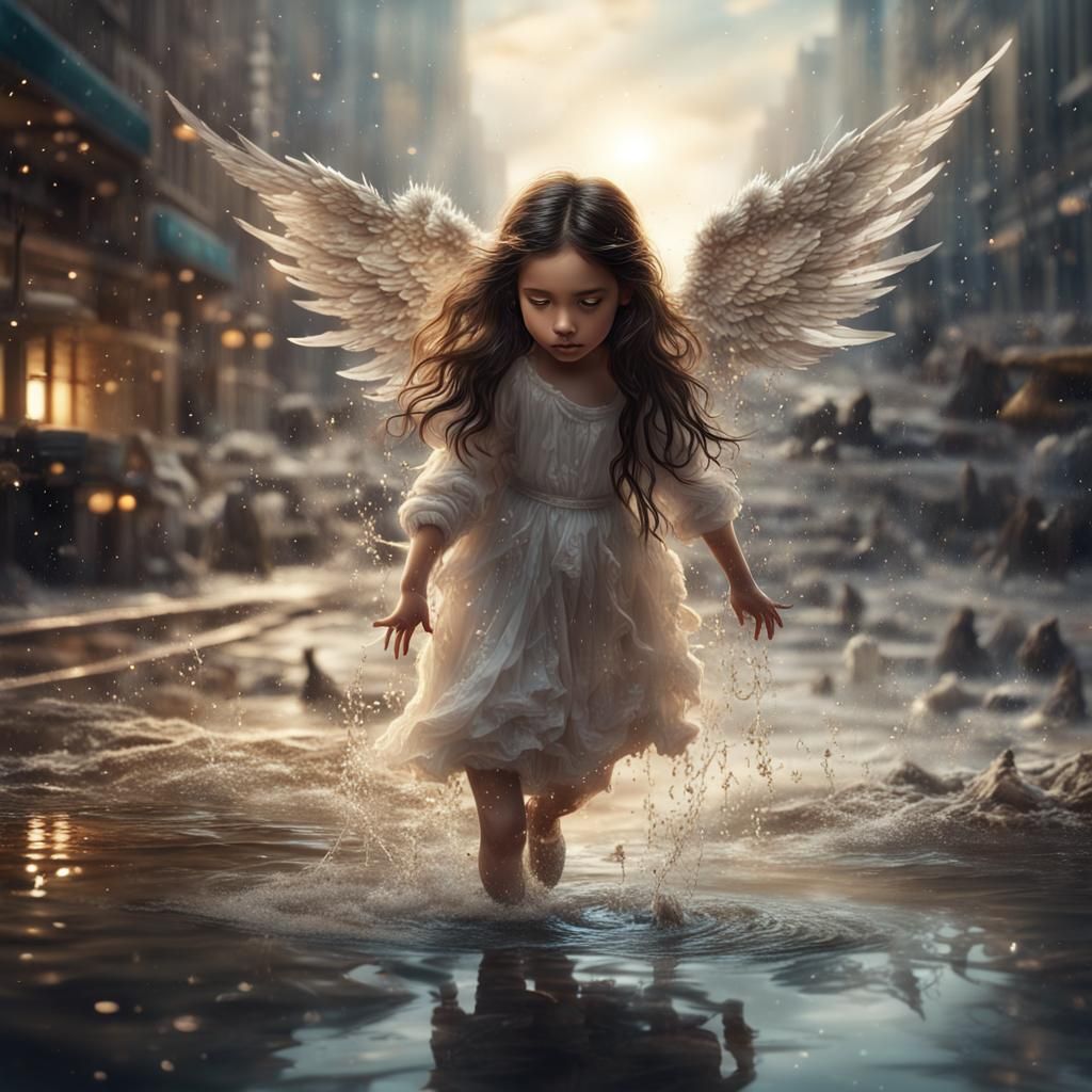 Child Angel Splashing in Puddle with Toy Ships