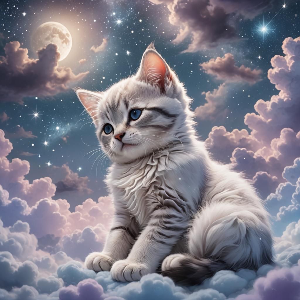 Kitten Sleeping on Starry Sky in Magical Realism