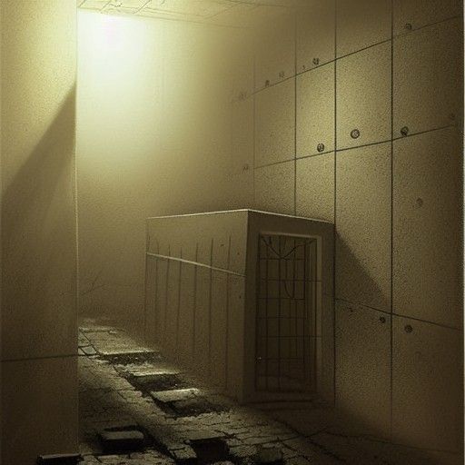 Sinister Prison Cell with Sunrise, Stone Walls