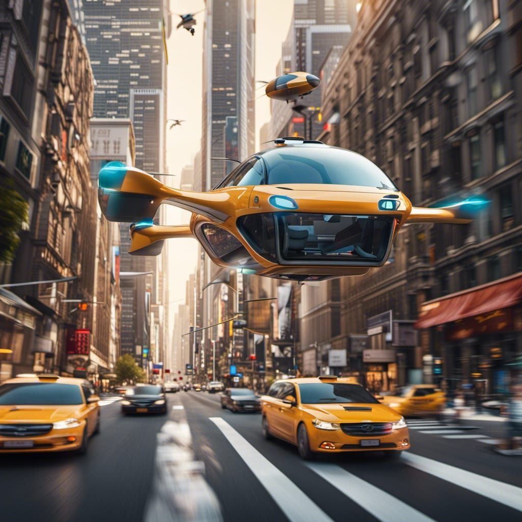 Flying Taxi Over Congested Modern City Street