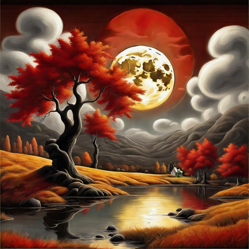 Autumn Landscape with Full Moon in Baroque Style