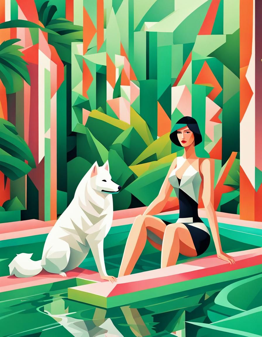 Cubist Samoyed and Brunette Swim in Pool