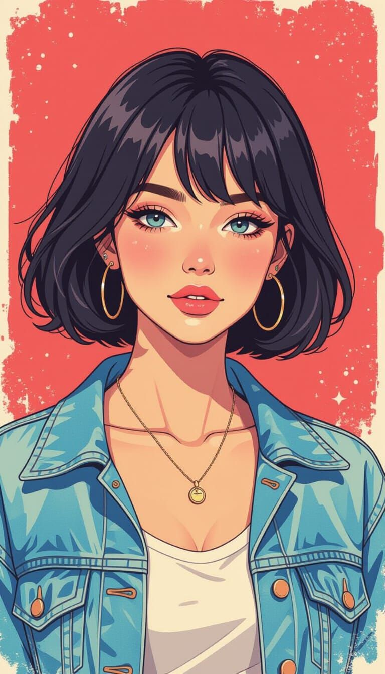 Woman with Bob in Trendy Outfit, Watercolor Style