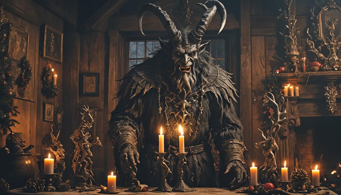 Menacing Krampus in Dimly Lit Gothic Parlor