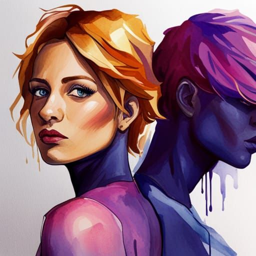 Watercolor Art of Women in Bisexual Flag Colors