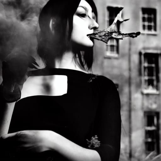 Goth Model in Decaying House, Grainy Film Style