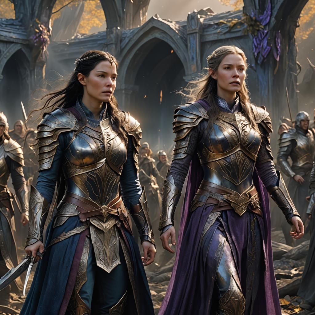 Arwen and Galadriel in Battle Gear: Fantasy Art